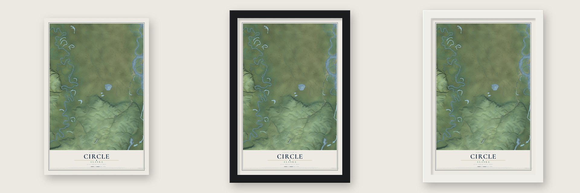 Circle, Alaska map unframed, in a black wood frame and in a white wood frame