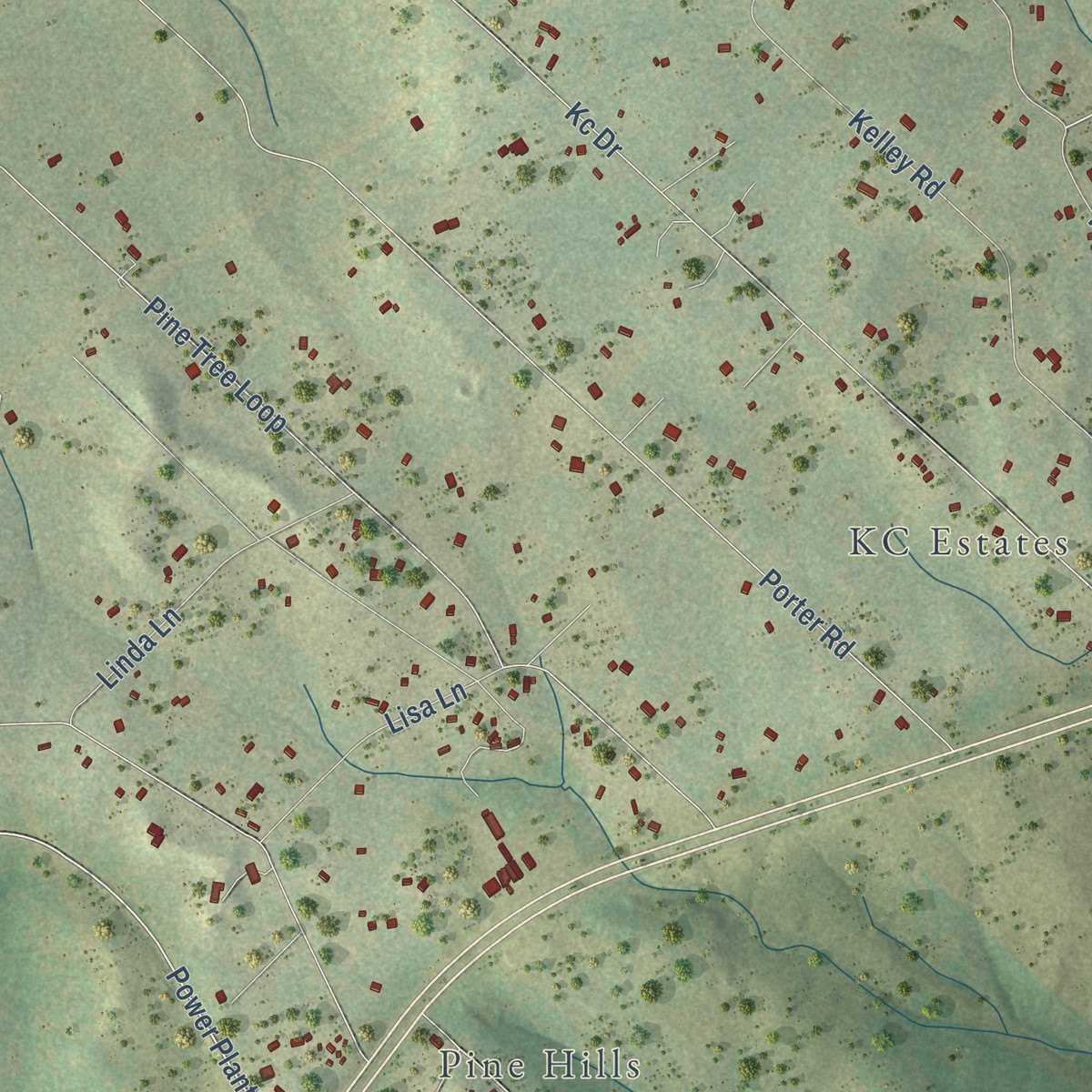 Second close-up of the map of Circle D-KC Estates, Texas print showing more streets and buildings