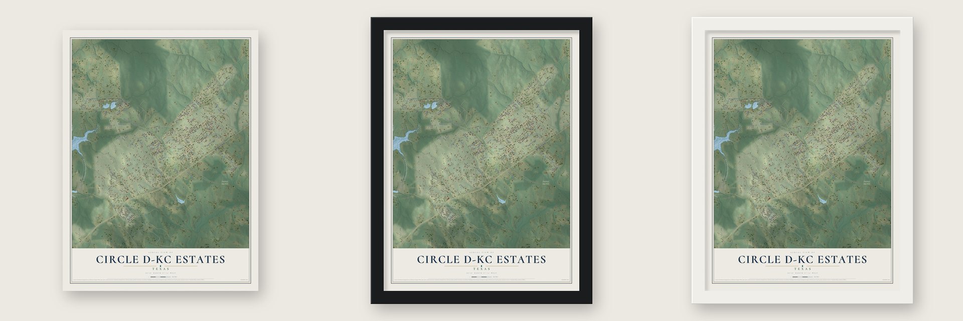 Circle D-KC Estates, Texas map unframed, in a black wood frame and in a white wood frame