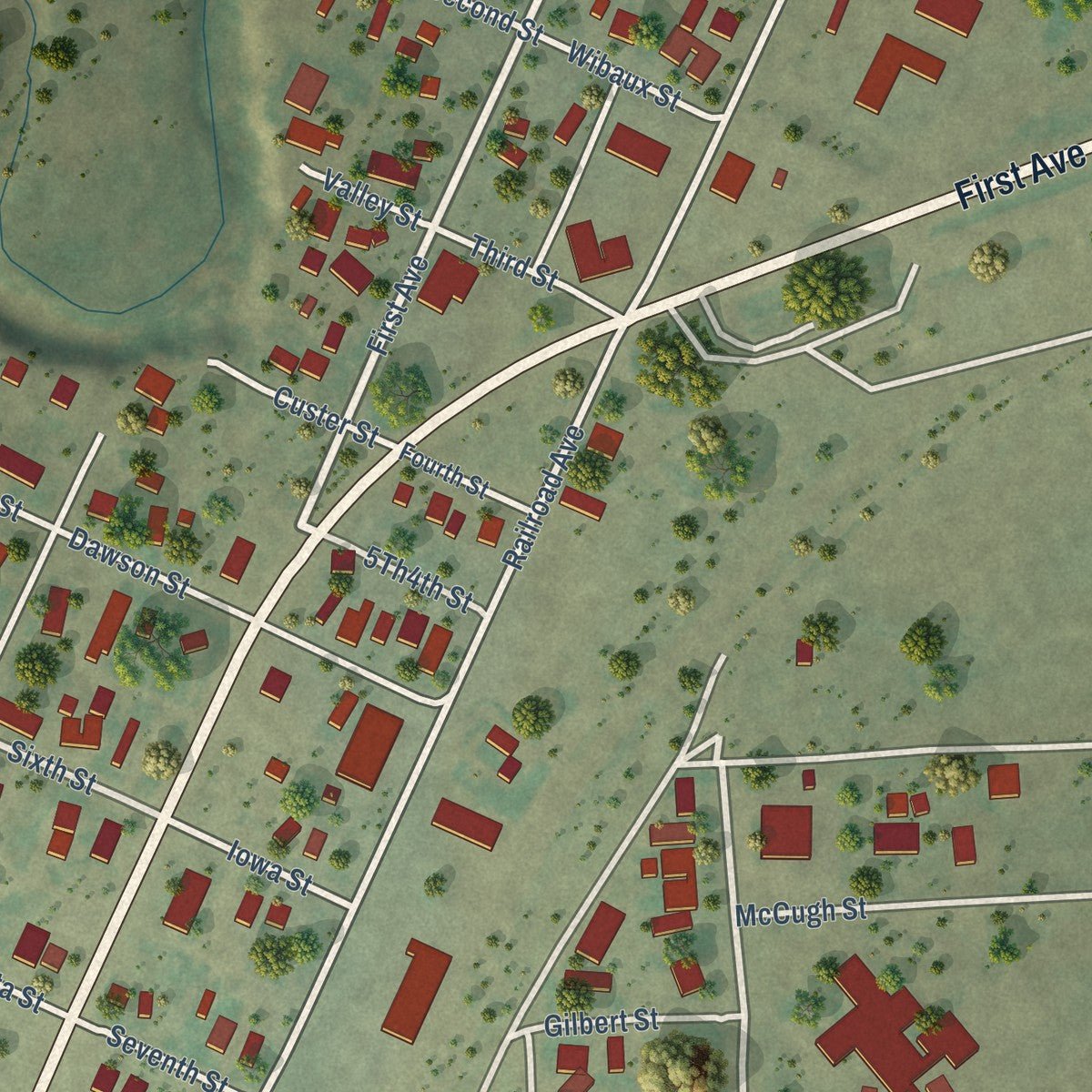 Second close-up of the map of Circle, Montana print showing more streets and buildings