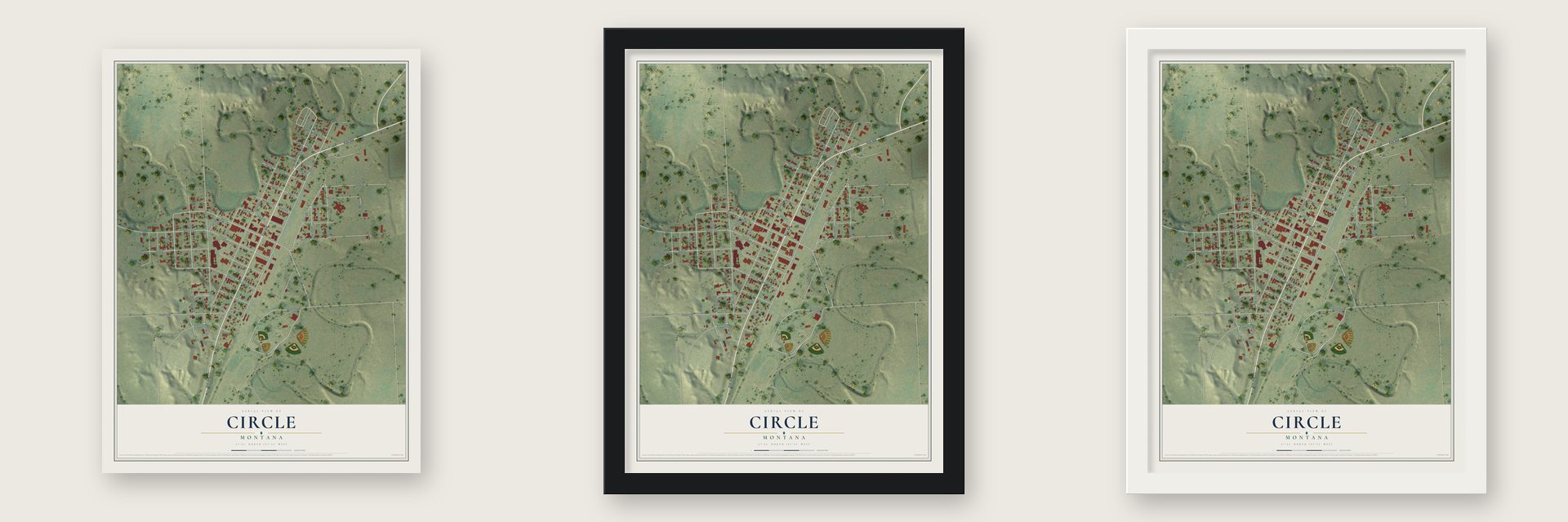 Circle, Montana map unframed, in a black wood frame and in a white wood frame