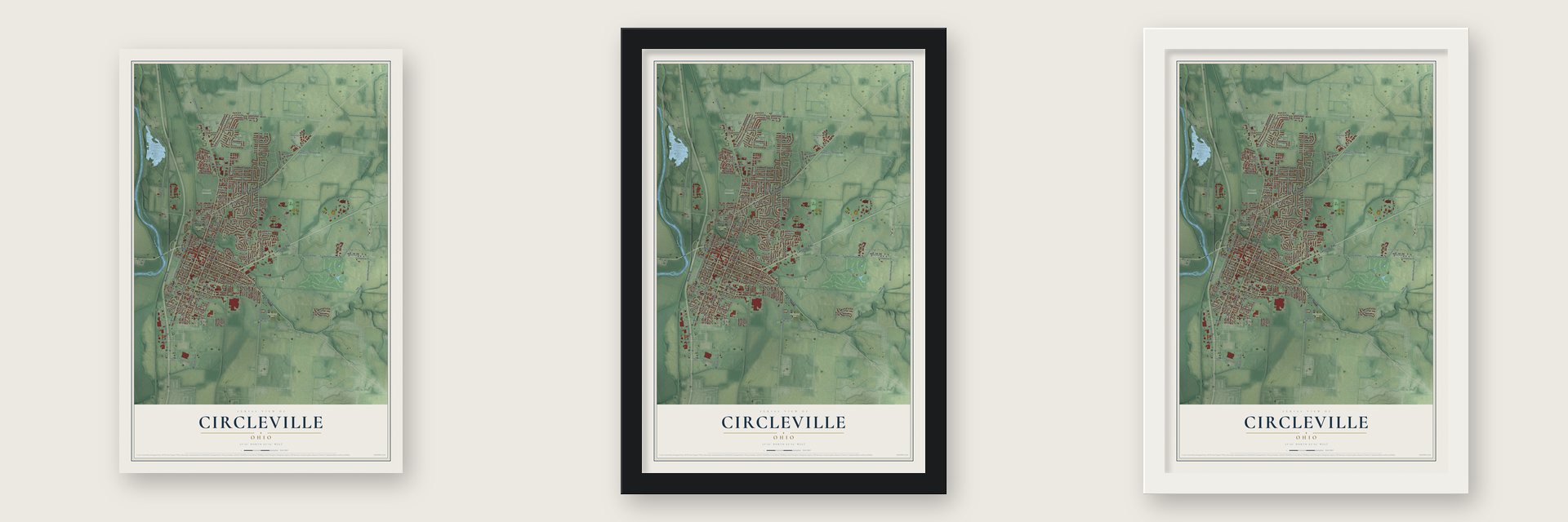 Circleville, Ohio map unframed, in a black wood frame and in a white wood frame