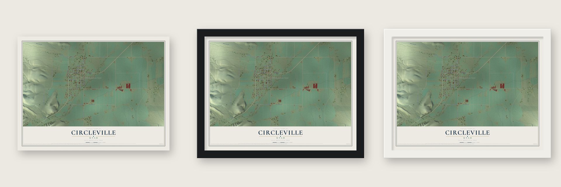 Circleville, Utah map unframed, in a black wood frame and in a white wood frame