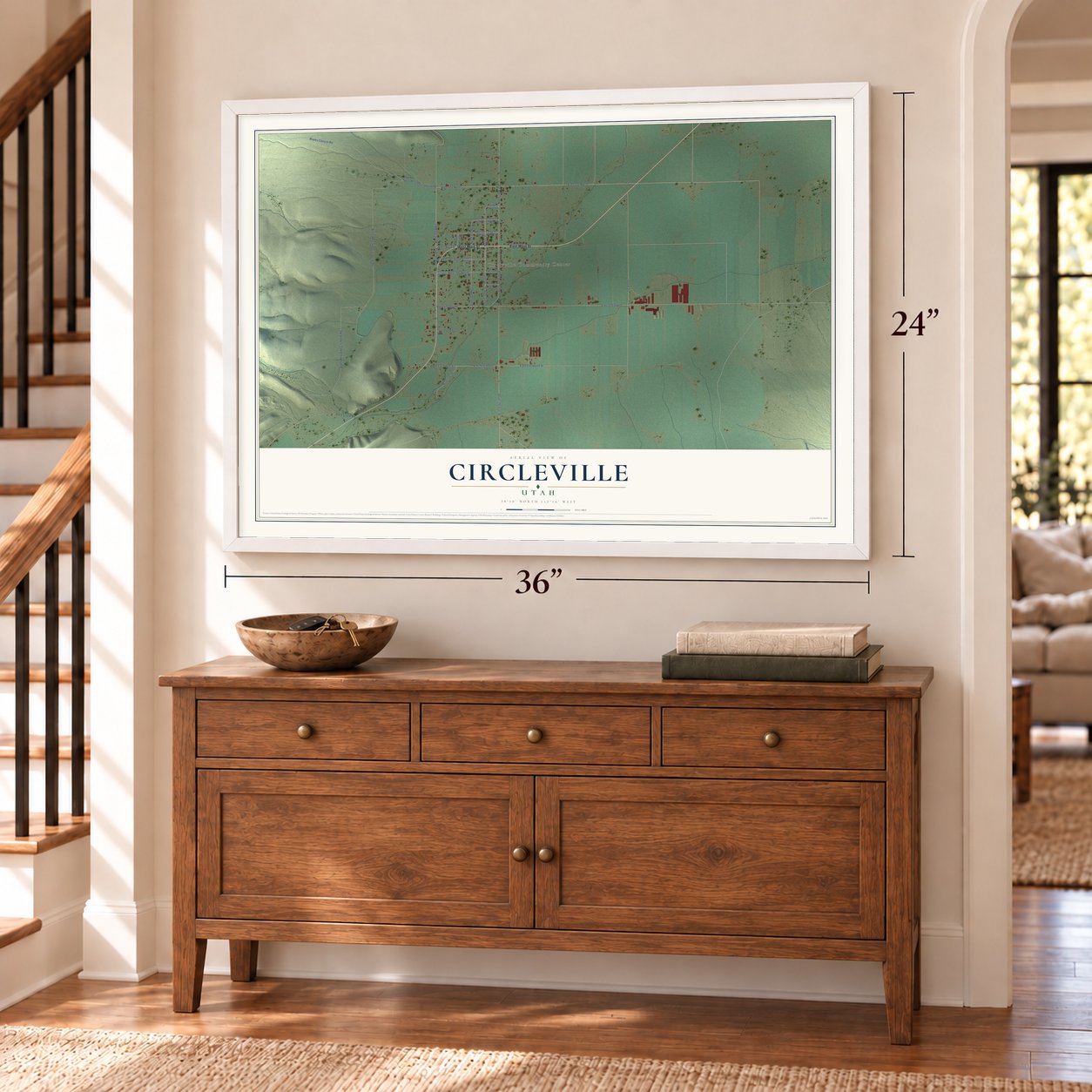 Circleville, Utah map, 24 x 36 inch print in a white frame above a dresser by a staircase