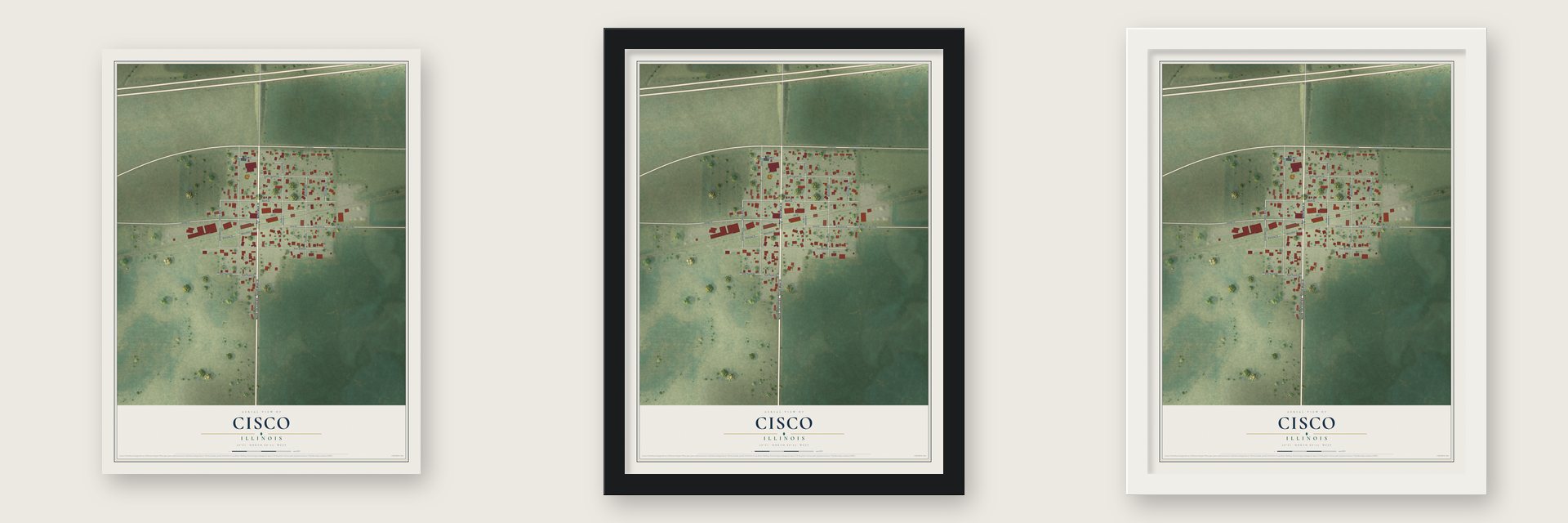 Cisco, Illinois map unframed, in a black wood frame and in a white wood frame