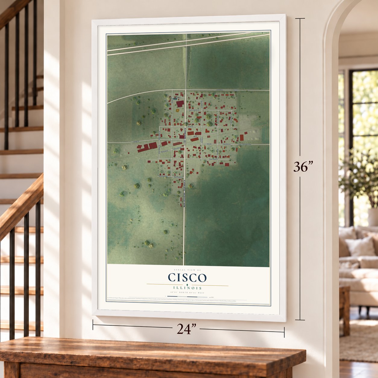 Cisco, Illinois map, 24 x 36 inch print in a white frame by a staircase