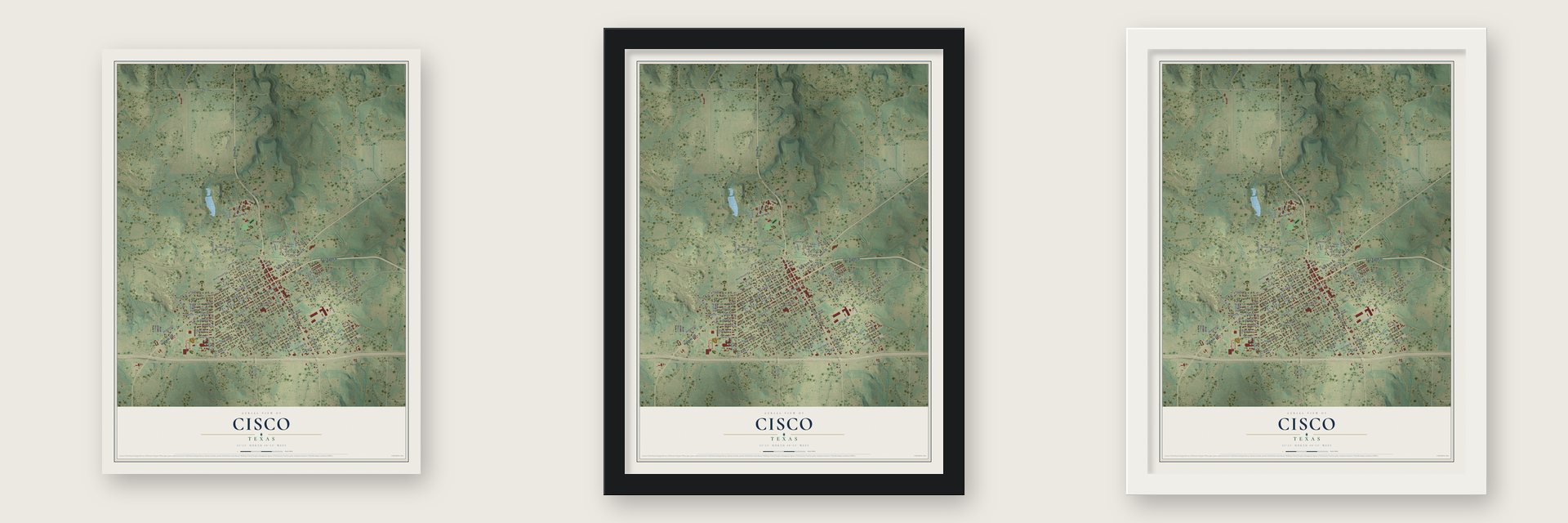 Cisco, Texas map unframed, in a black wood frame and in a white wood frame