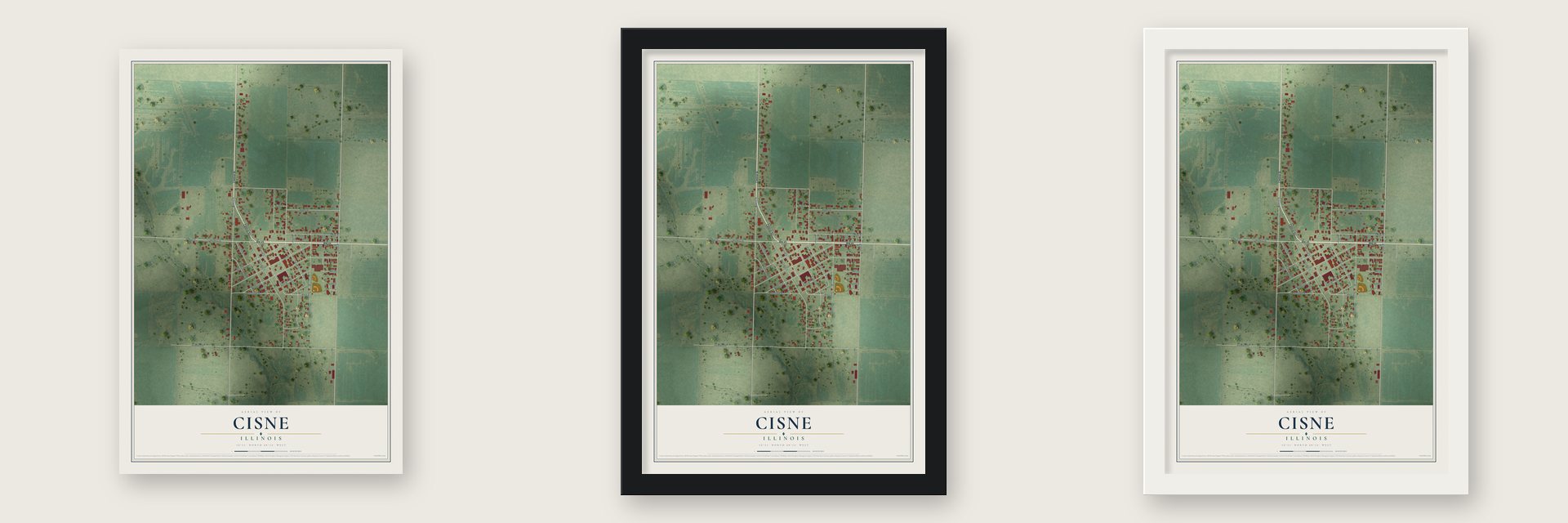 Cisne, Illinois map unframed, in a black wood frame and in a white wood frame