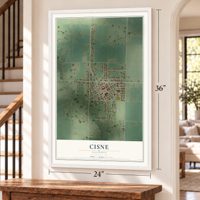 Cisne, Illinois map, 24 x 36 inch print in a white frame by a staircase