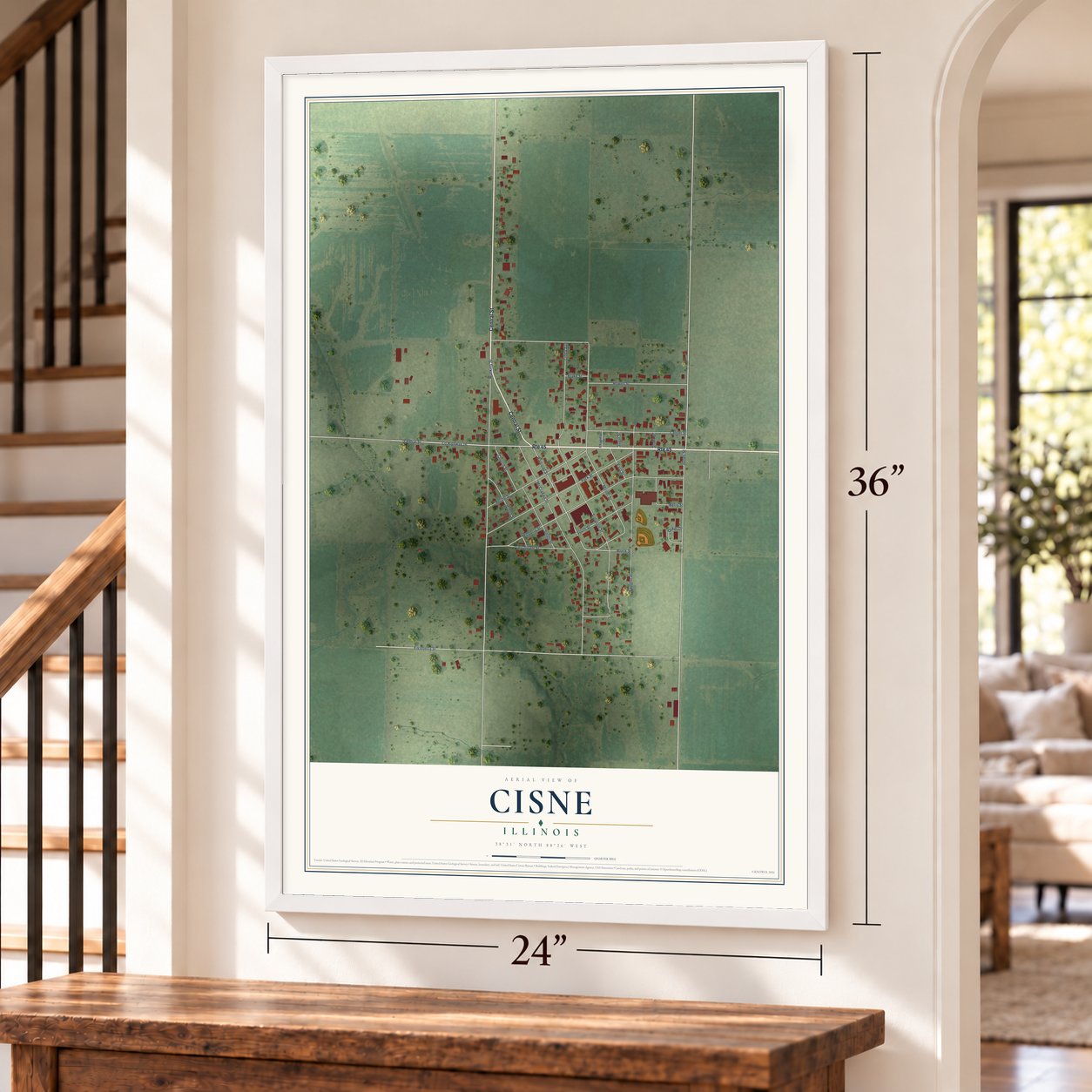 Cisne, Illinois map, 24 x 36 inch print in a white frame by a staircase