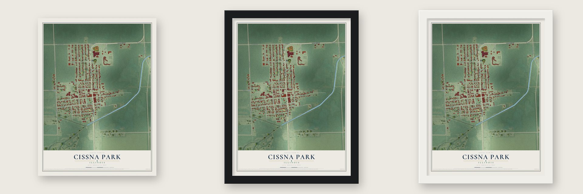 Cissna Park, Illinois map unframed, in a black wood frame and in a white wood frame