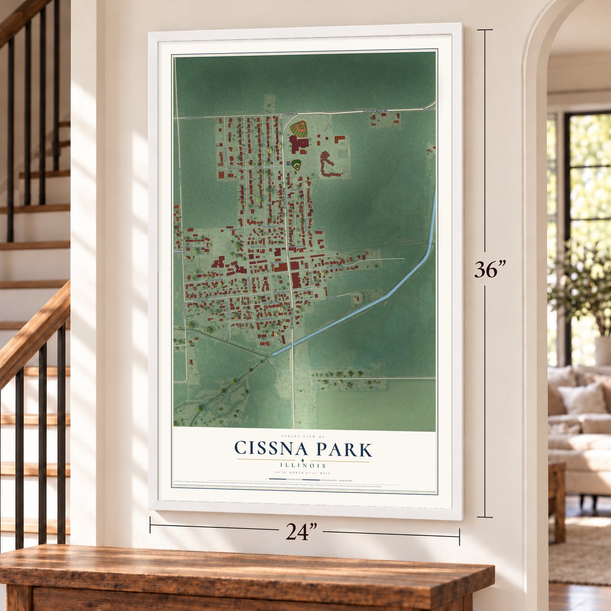 Cissna Park, Illinois map, 24 x 36 inch print in a white frame by a staircase