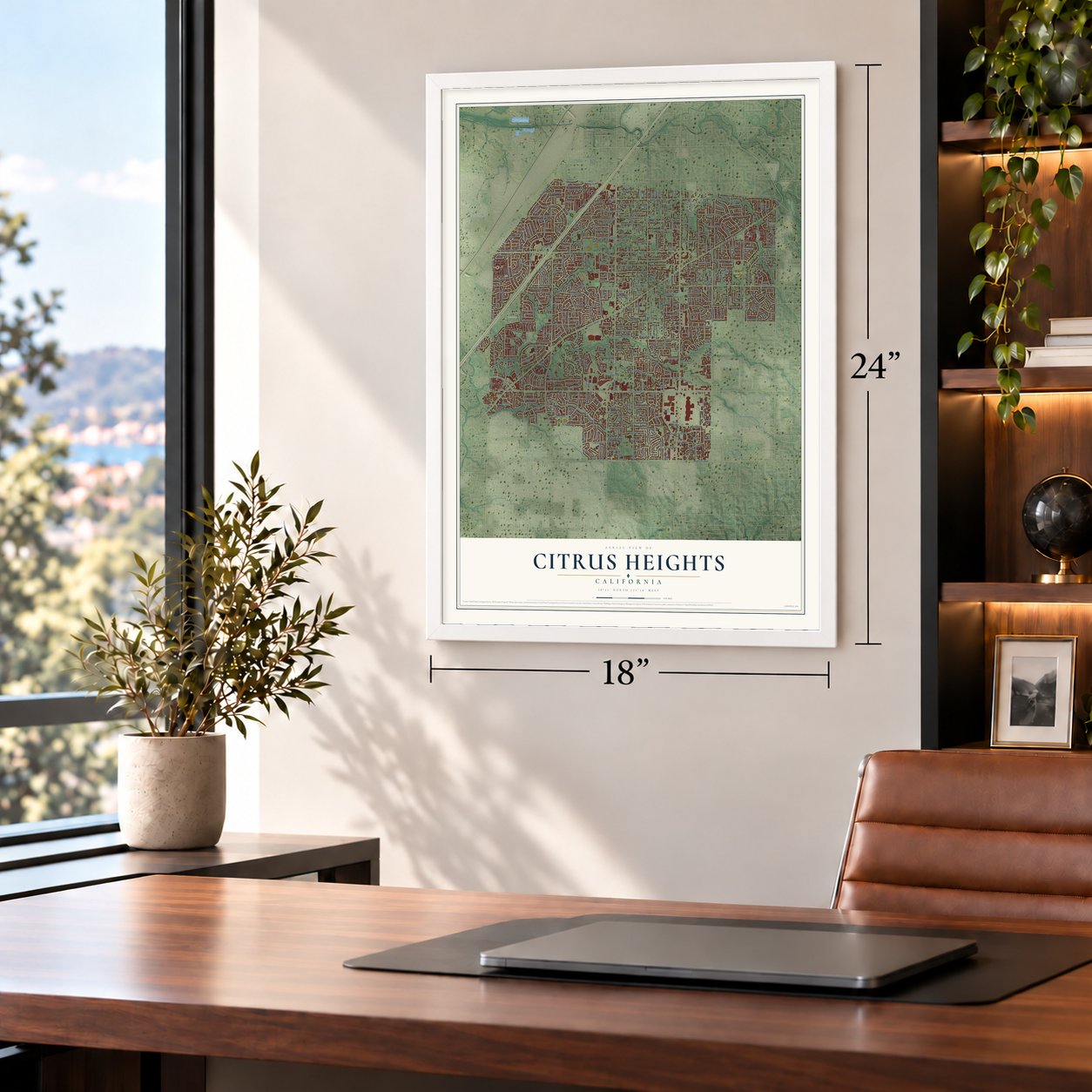 Citrus Heights, California map, 18 x 24 inch print in a white frame in a home office