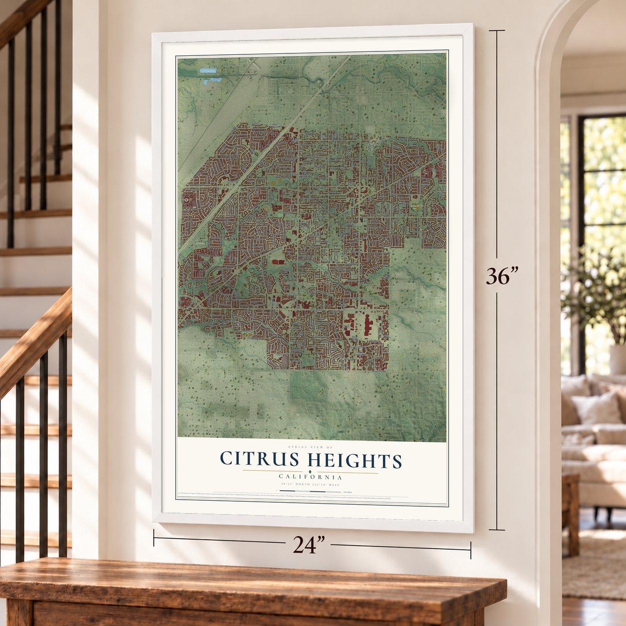 Citrus Heights, California map, 24 x 36 inch print in a white frame by a staircase