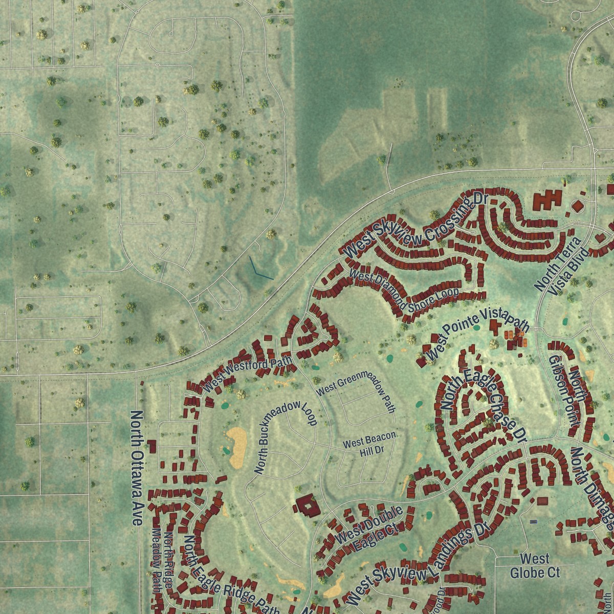 Second close-up of the map of Citrus Hills, Florida print showing more streets and buildings