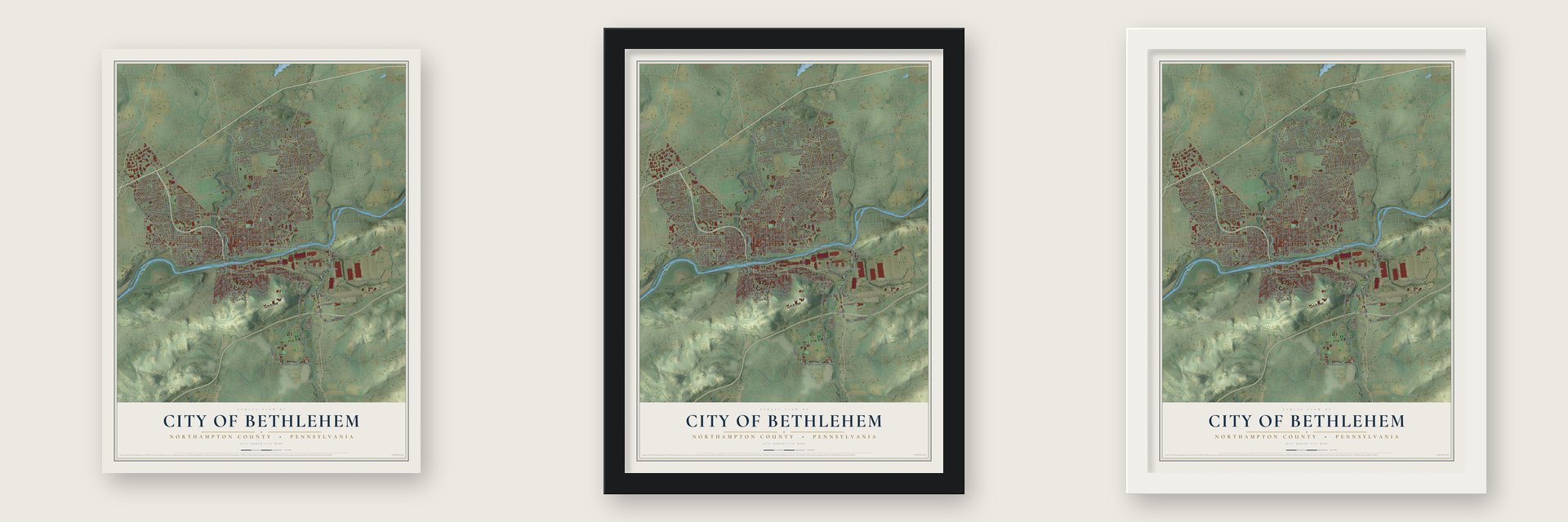 City of Bethlehem, Northampton County, Pennsylvania map unframed, in a black wood frame and in a white wood frame