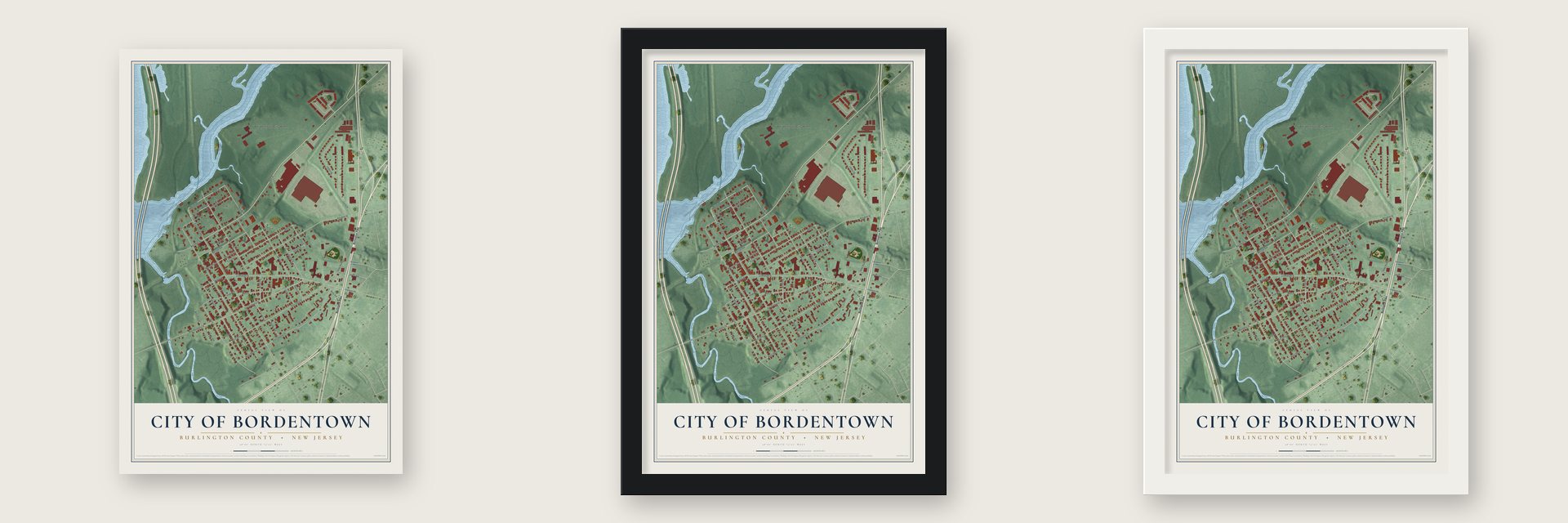 City of Bordentown, Burlington County, New Jersey map unframed, in a black wood frame and in a white wood frame