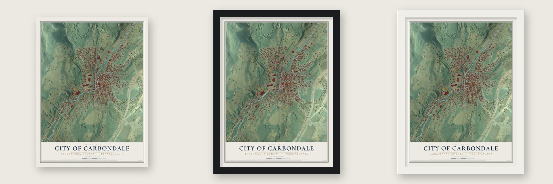 City of Carbondale, Lackawanna County, Pennsylvania map unframed, in a black wood frame and in a white wood frame