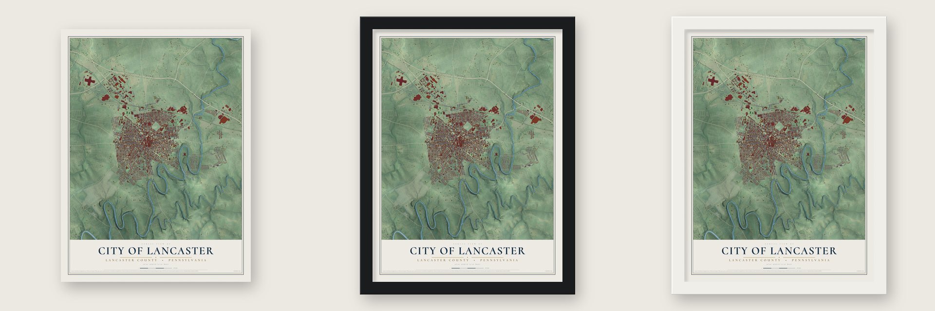City of Lancaster, Lancaster County, Pennsylvania map unframed, in a black wood frame and in a white wood frame