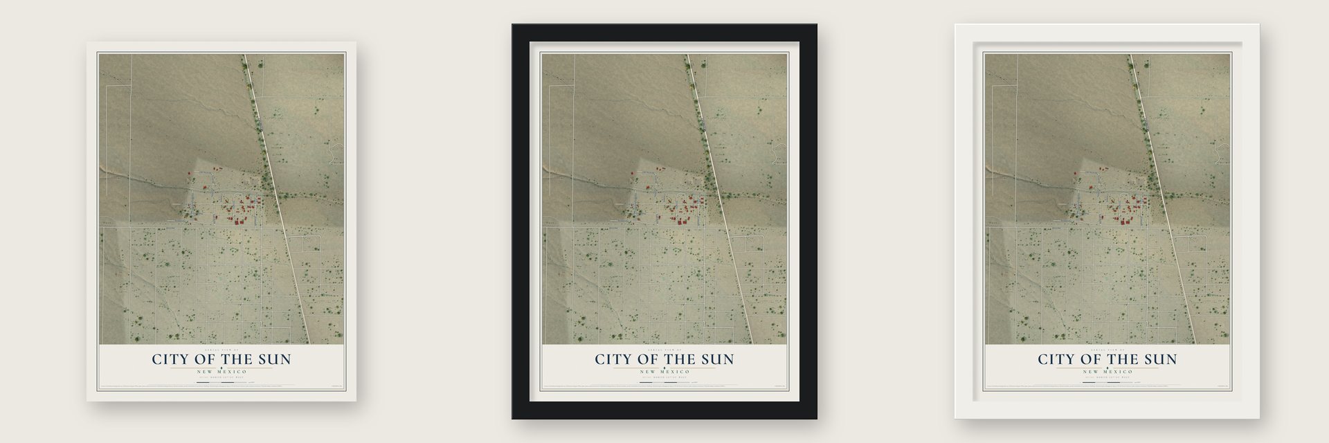 City of the Sun, New Mexico map unframed, in a black wood frame and in a white wood frame