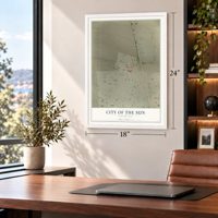 City of the Sun, New Mexico map, 18 x 24 inch print in a white frame in a home office