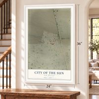 City of the Sun, New Mexico map, 24 x 36 inch print in a white frame by a staircase