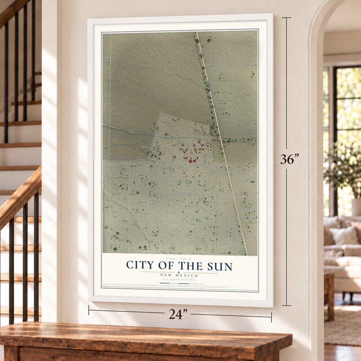 City of the Sun, New Mexico map, 24 x 36 inch print in a white frame by a staircase