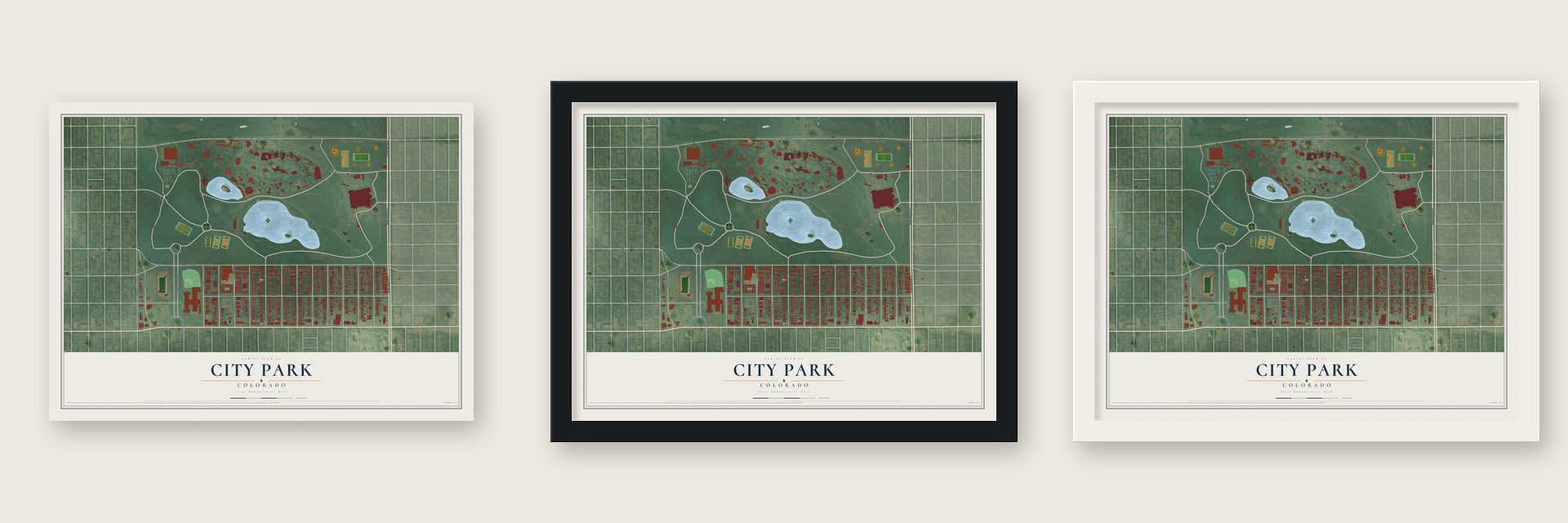 City Park, Colorado map unframed, in a black wood frame and in a white wood frame