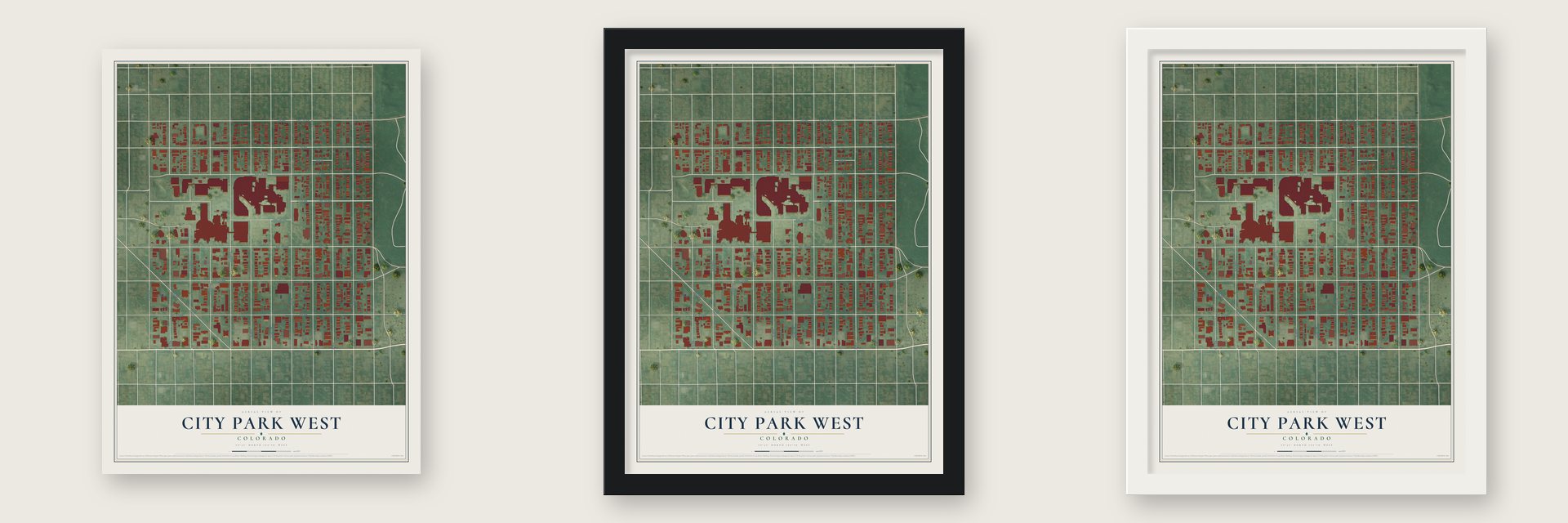 City Park West, Colorado map unframed, in a black wood frame and in a white wood frame