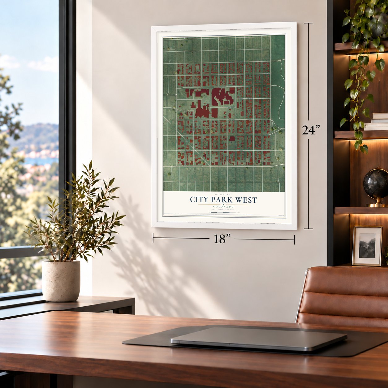 City Park West, Colorado map, 18 x 24 inch print in a white frame in a home office