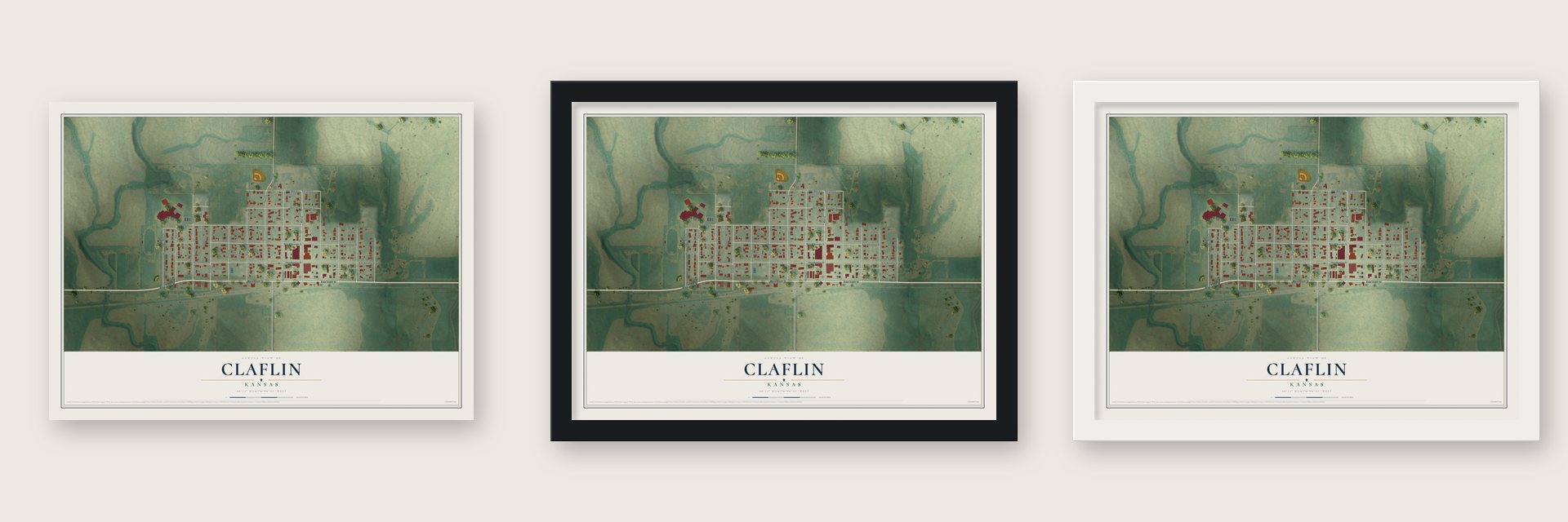 Claflin, Kansas map unframed, in a black wood frame and in a white wood frame