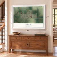 Claflin, Kansas map, 24 x 36 inch print in a white frame above a dresser by a staircase