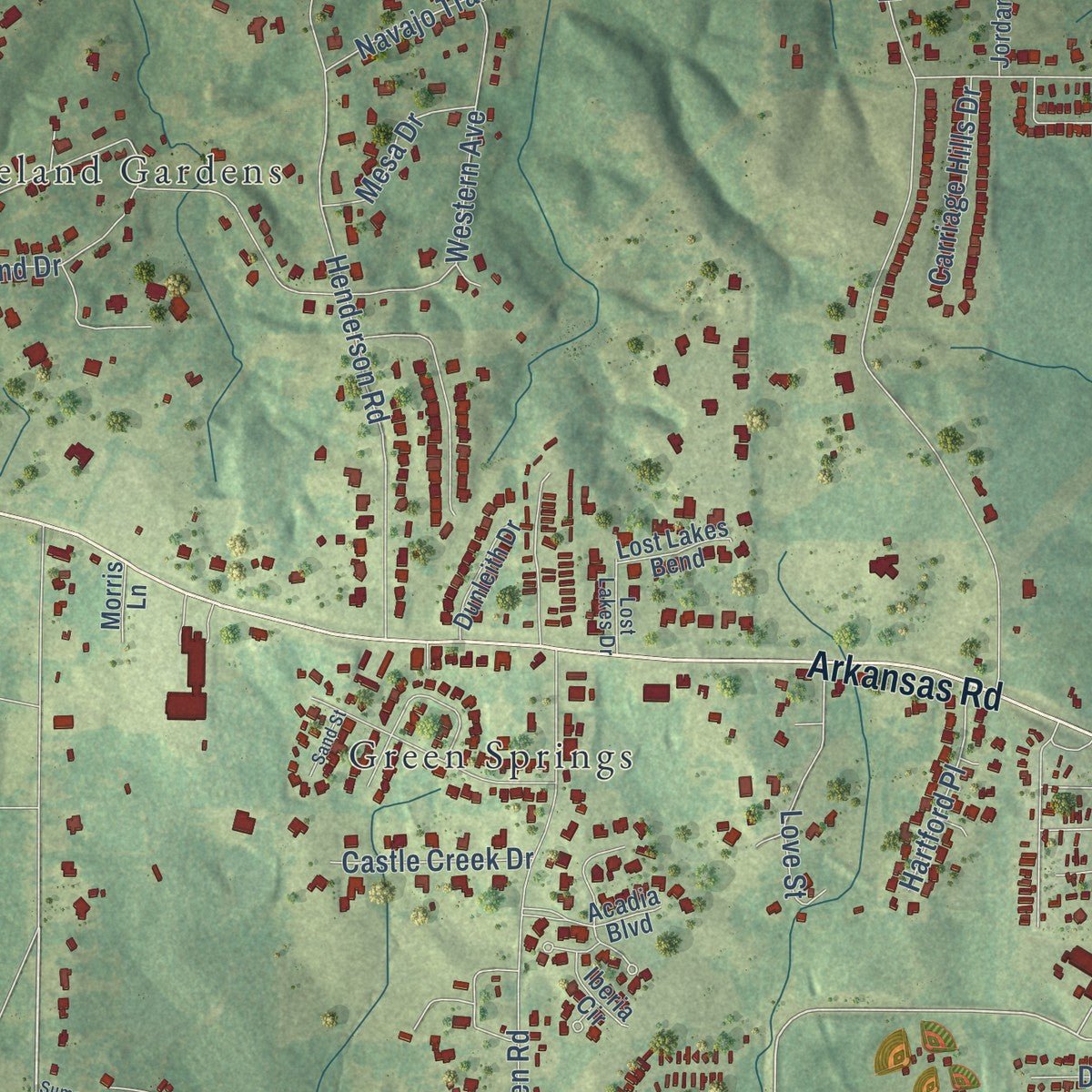 Second close-up of the map of Claiborne, Louisiana print showing more streets and buildings