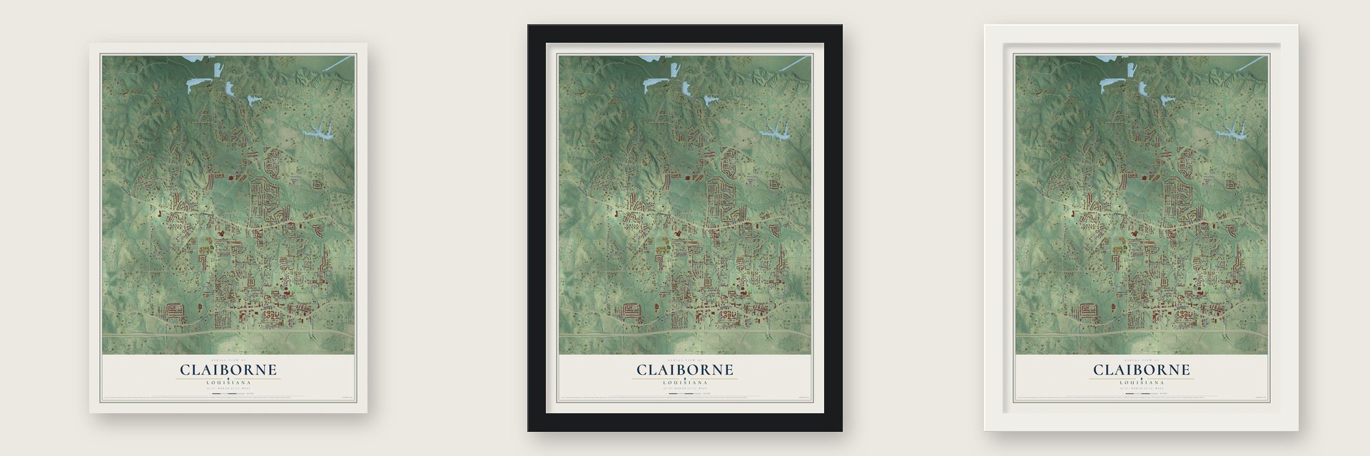 Claiborne, Louisiana map unframed, in a black wood frame and in a white wood frame