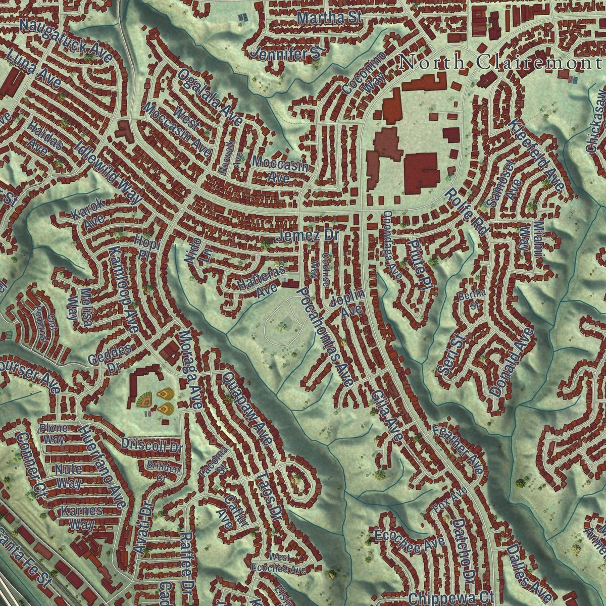 Second close-up of the map of Clairemont Mesa, California print showing more streets and buildings