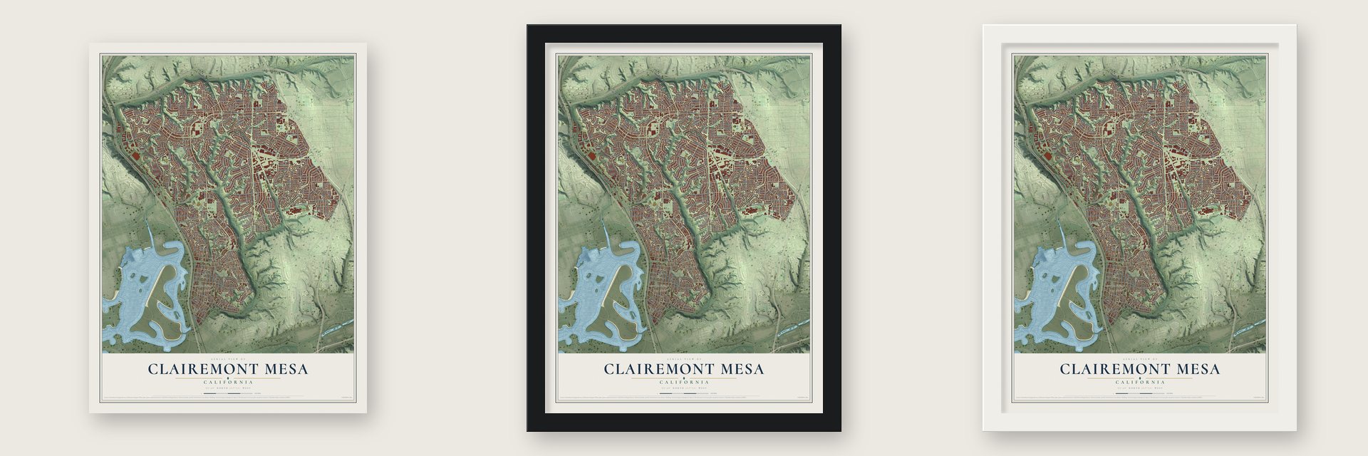 Clairemont Mesa, California map unframed, in a black wood frame and in a white wood frame
