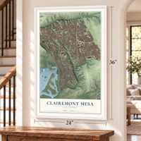 Clairemont Mesa, California map, 24 x 36 inch print in a white frame by a staircase