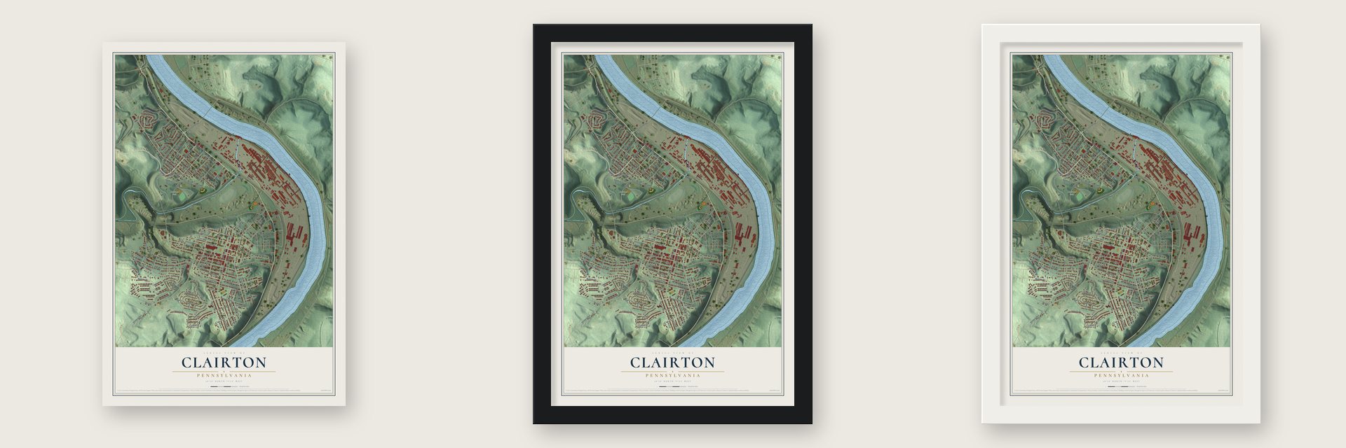 Clairton, Pennsylvania map unframed, in a black wood frame and in a white wood frame