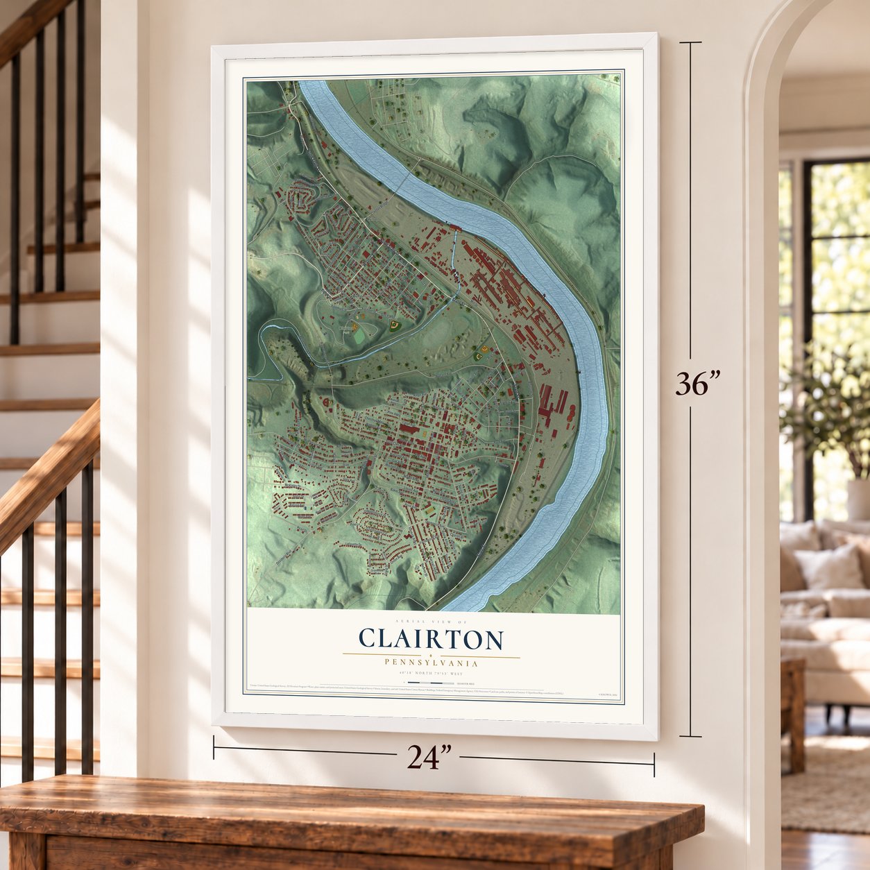 Clairton, Pennsylvania map, 24 x 36 inch print in a white frame by a staircase