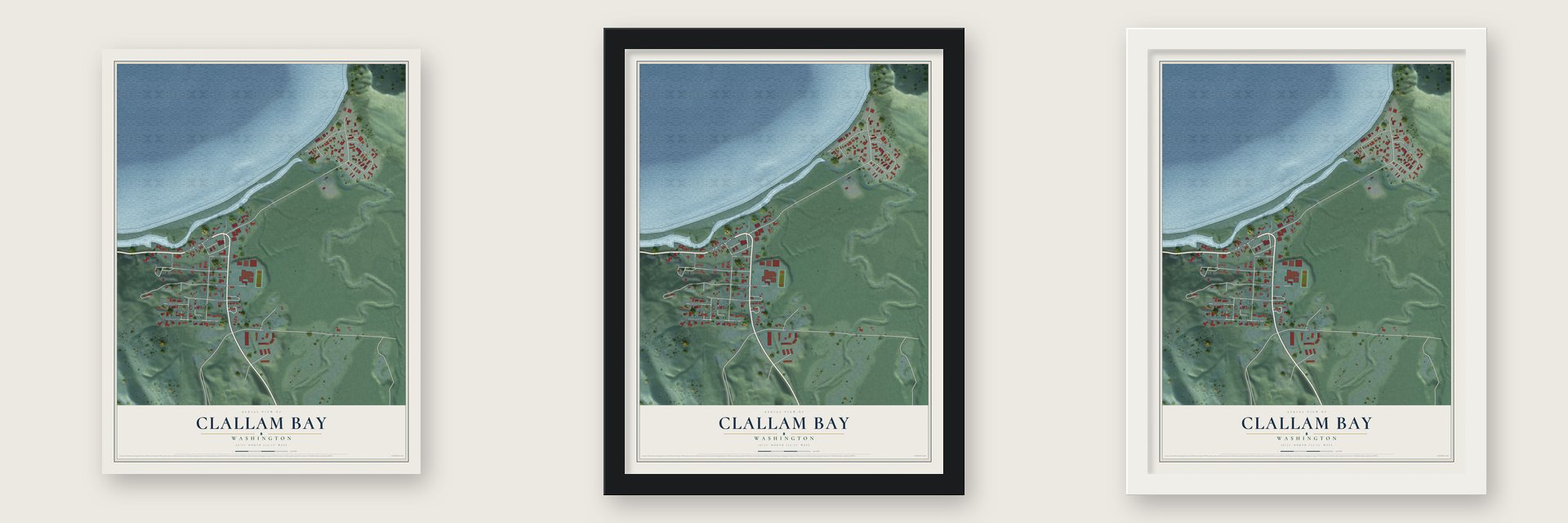 Clallam Bay, Washington map unframed, in a black wood frame and in a white wood frame