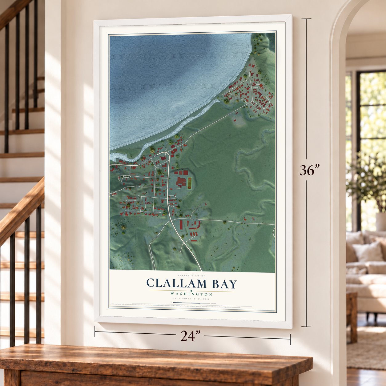 Clallam Bay, Washington map, 24 x 36 inch print in a white frame by a staircase