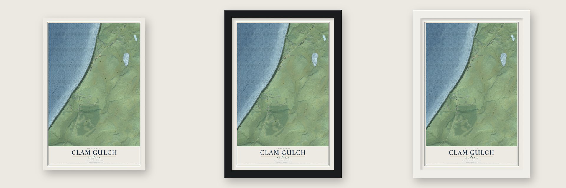 Clam Gulch, Alaska map unframed, in a black wood frame and in a white wood frame