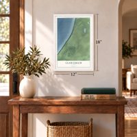 Clam Gulch, Alaska map, 12 x 18 inch print in a white frame in an entryway