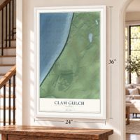 Clam Gulch, Alaska map, 24 x 36 inch print in a white frame by a staircase