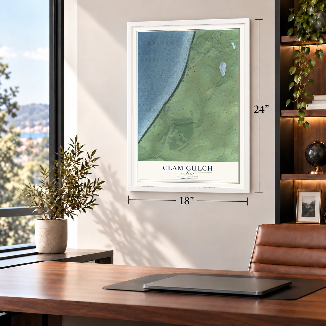 Clam Gulch, Alaska map, 18 x 24 inch print in a white frame in a home office