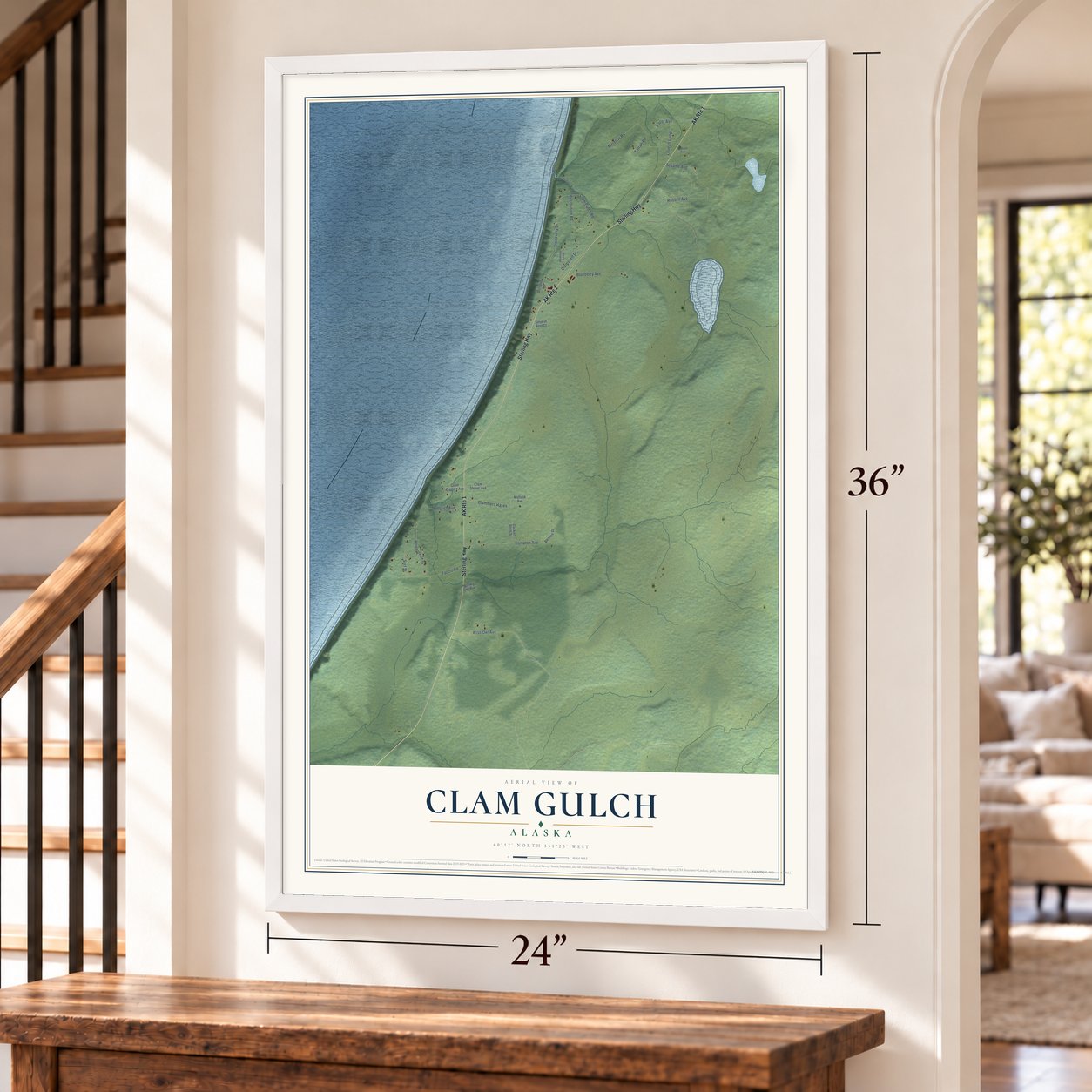 Clam Gulch, Alaska map, 24 x 36 inch print in a white frame by a staircase