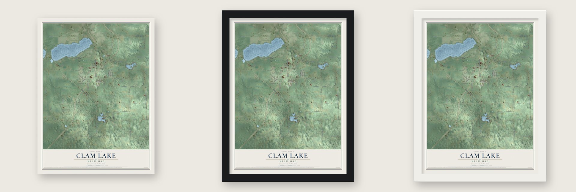 Clam Lake, Michigan map unframed, in a black wood frame and in a white wood frame