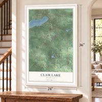 Clam Lake, Michigan map, 24 x 36 inch print in a white frame by a staircase