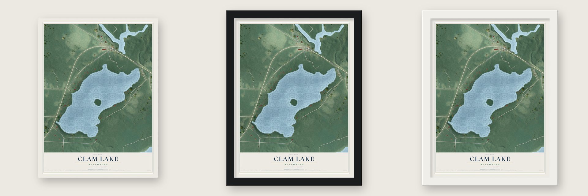Clam Lake, Wisconsin map unframed, in a black wood frame and in a white wood frame