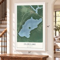 Clam Lake, Wisconsin map, 24 x 36 inch print in a white frame by a staircase